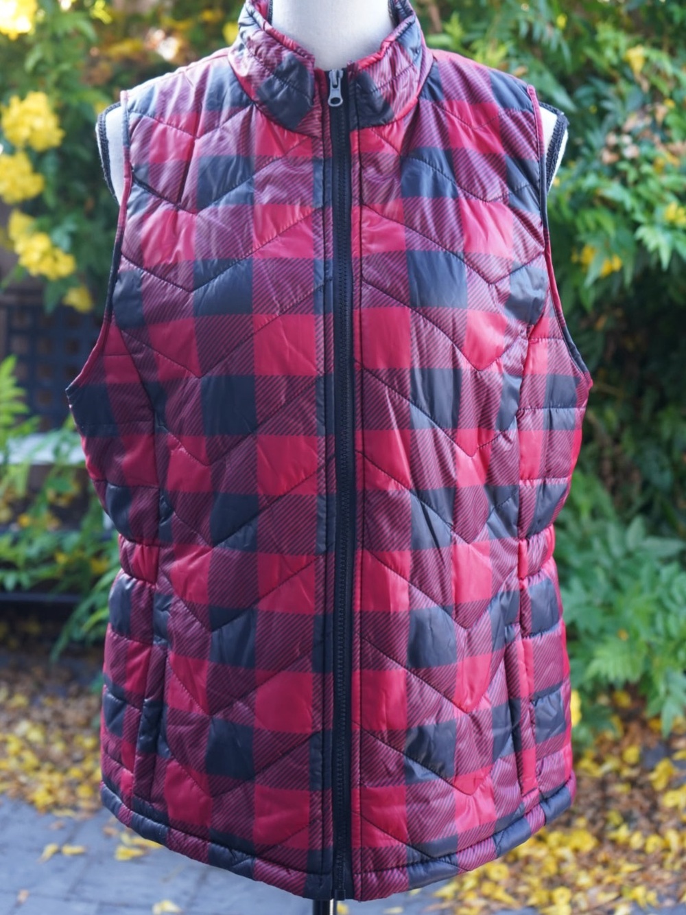 Basic Editions Red and Black Quilted Plaid Puffer Vest